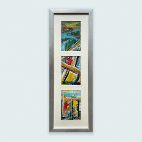 Kestävää kehystystä. Tämä teos on maalattu kierrätysverhokankaalle ja kehystyetty kierrätyskehyksellä. Janneblancon taideteos