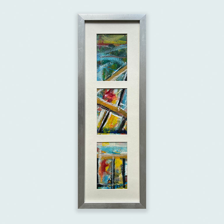 Kestävää kehystystä. Tämä teos on maalattu kierrätysverhokankaalle ja kehystyetty kierrätyskehyksellä. Janneblancon taideteos