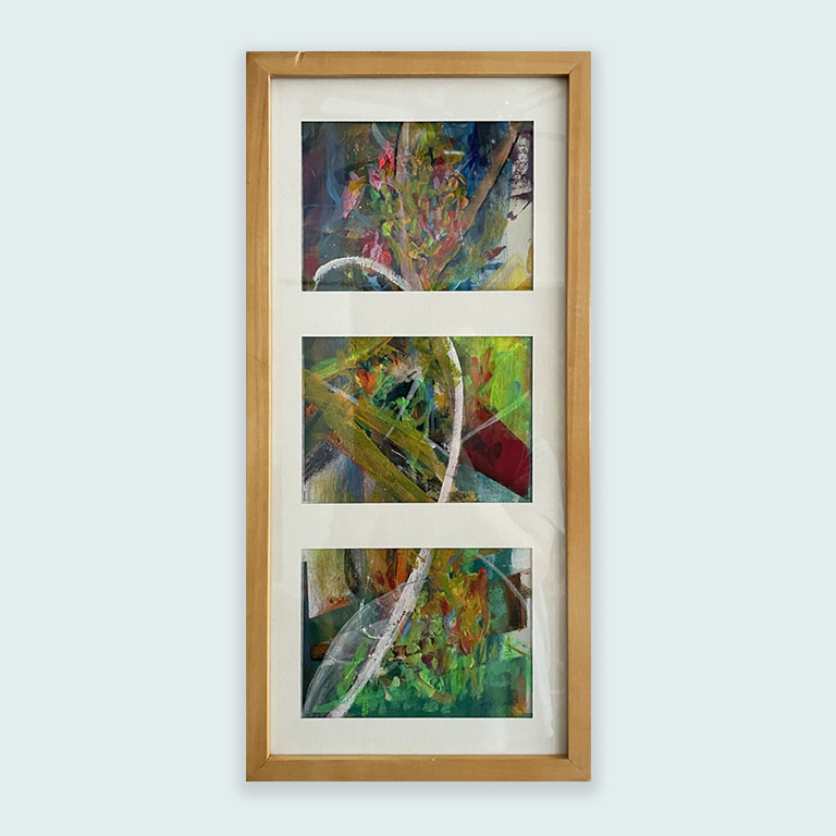 Kestävää kehystystä. Tämä teos on maalattu kierrätysverhokankaalle ja kehystyetty kierrätyskehyksellä. Janneblancon taideteos