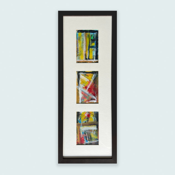 Kestävää kehystystä. Tämä teos on maalattu kierrätysverhokankaalle ja kehystyetty kierrätyskehyksellä. Janneblancon taideteos